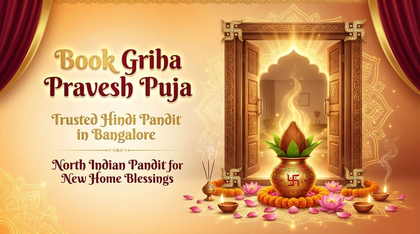 Griha Pravesh Puja banner with ritual setup and blessings
